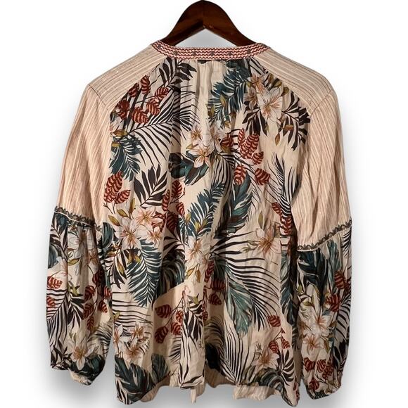 Johnny Was JW Workshop Blouse Women Small Tan Embroidered Sleeve Tassel Tie Boho - Picture 4 of 12